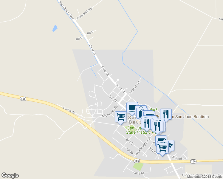map of restaurants, bars, coffee shops, grocery stores, and more near 19 North Street in San Juan Bautista