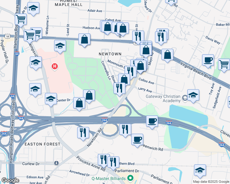 map of restaurants, bars, coffee shops, grocery stores, and more near 6649 Cornwallis Lane in Norfolk