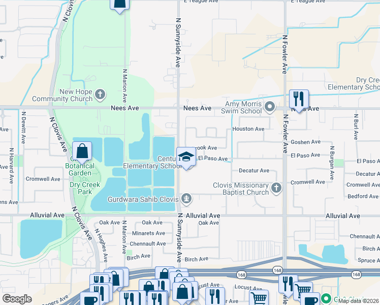 map of restaurants, bars, coffee shops, grocery stores, and more near 1414 Fallbrook Avenue in Clovis