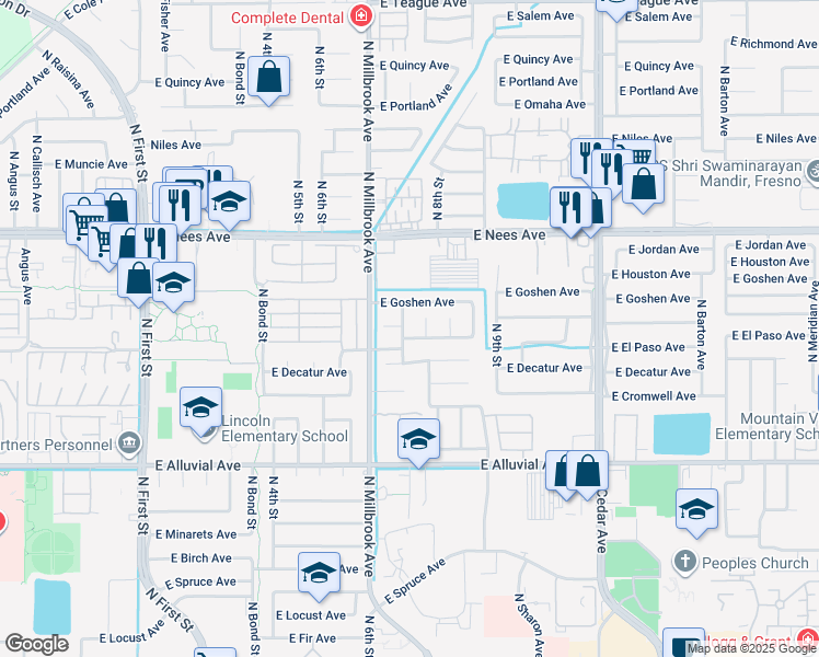 map of restaurants, bars, coffee shops, grocery stores, and more near 1059 East Fallbrook Avenue in Fresno