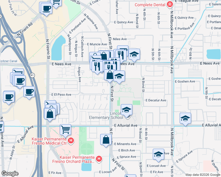 map of restaurants, bars, coffee shops, grocery stores, and more near 7751 North First Street in Fresno