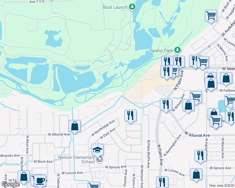 map of restaurants, bars, coffee shops, grocery stores, and more near 1230 West Moraga Road in Fresno