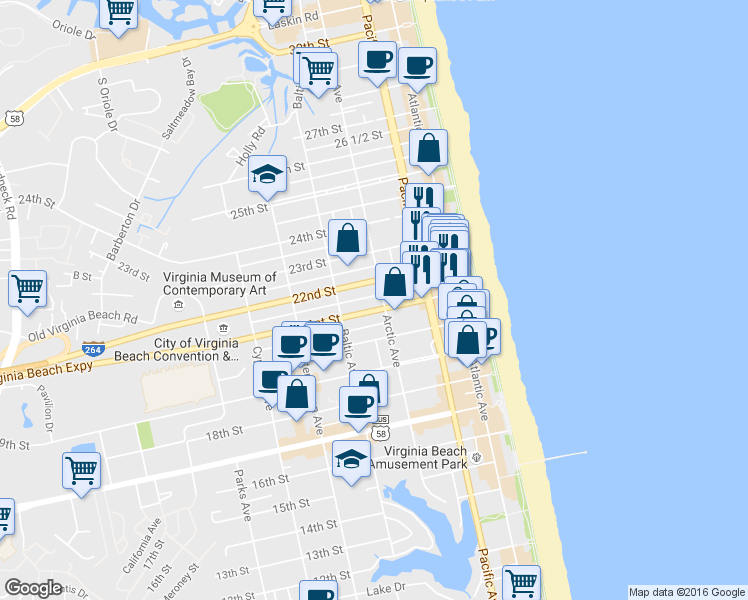 map of restaurants, bars, coffee shops, grocery stores, and more near 417 21 1/2 Street in Virginia Beach