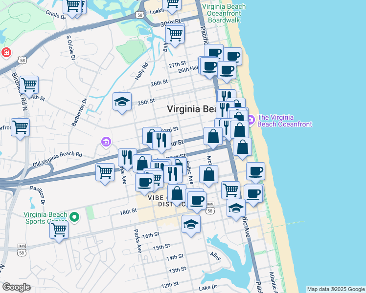 map of restaurants, bars, coffee shops, grocery stores, and more near in Virginia Beach
