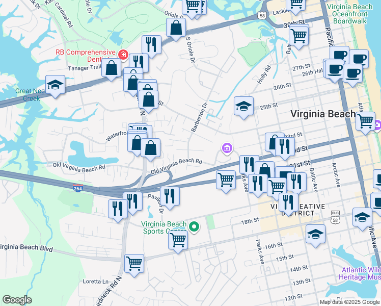 map of restaurants, bars, coffee shops, grocery stores, and more near 504 Barberton Drive in Virginia Beach