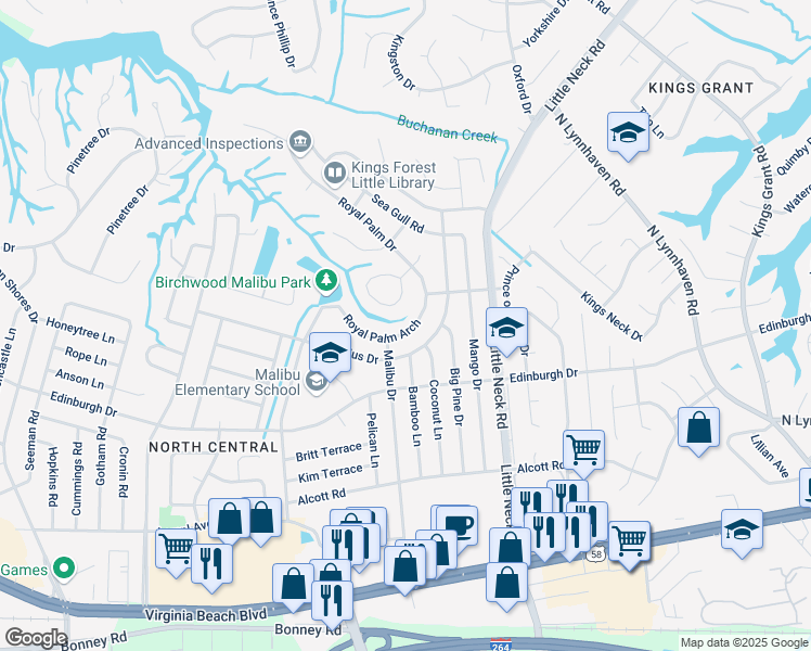 map of restaurants, bars, coffee shops, grocery stores, and more near 3521 Royal Palm Court in Virginia Beach