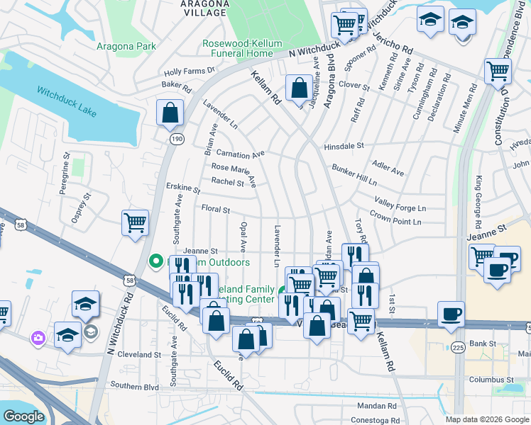 map of restaurants, bars, coffee shops, grocery stores, and more near 4928 Floral Street in Virginia Beach