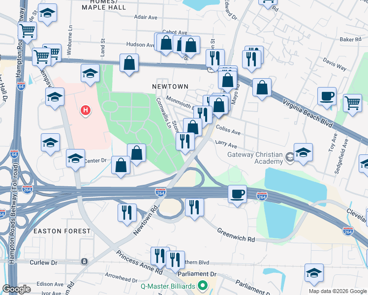 map of restaurants, bars, coffee shops, grocery stores, and more near 6649 Cornwallis Lane in Norfolk