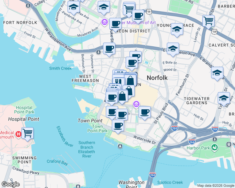 map of restaurants, bars, coffee shops, grocery stores, and more near in Norfolk