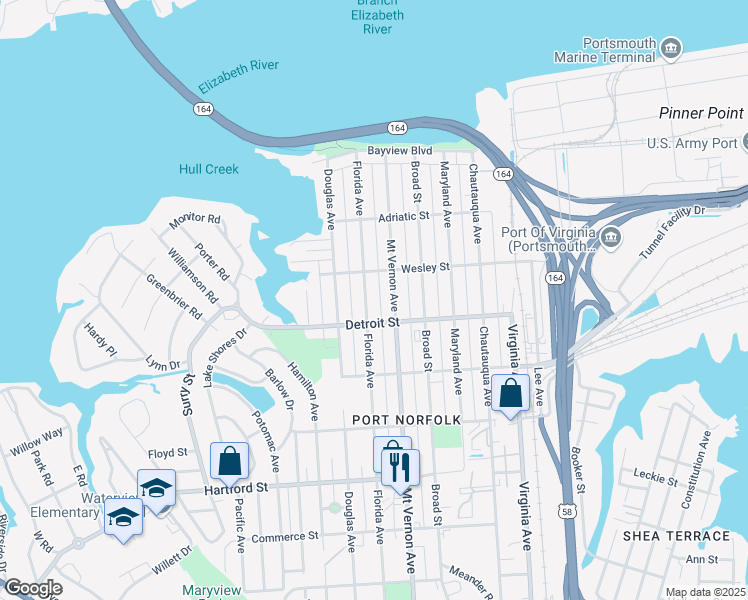 map of restaurants, bars, coffee shops, grocery stores, and more near 332 Florida Avenue in Portsmouth