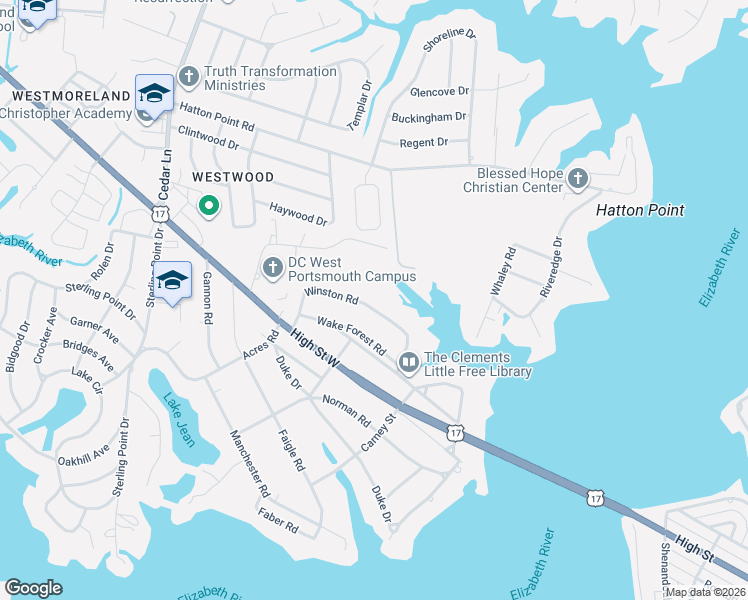 map of restaurants, bars, coffee shops, grocery stores, and more near 4536 Winston Road in Portsmouth