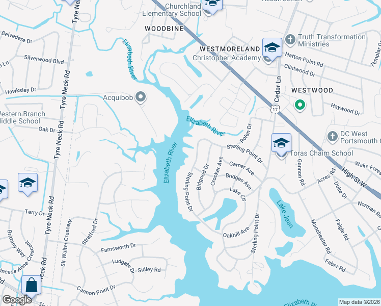 map of restaurants, bars, coffee shops, grocery stores, and more near 2320 Sterling Point Drive in Portsmouth