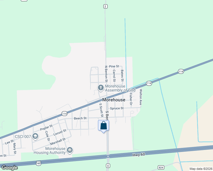 map of restaurants, bars, coffee shops, grocery stores, and more near North Benton Street in Morehouse
