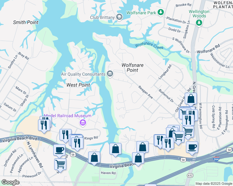 map of restaurants, bars, coffee shops, grocery stores, and more near 445 Benlea Circle in Virginia Beach