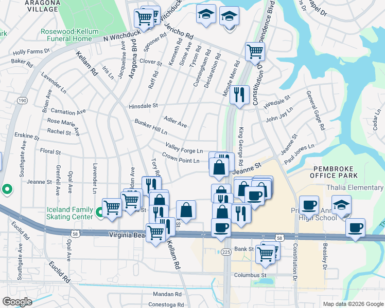 map of restaurants, bars, coffee shops, grocery stores, and more near 4633 Valley Forge Lane in Virginia Beach