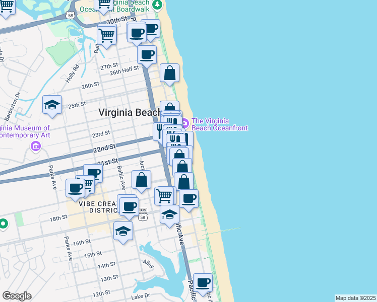 map of restaurants, bars, coffee shops, grocery stores, and more near Virginia Beach Boardwalk in Virginia Beach