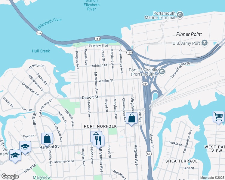 map of restaurants, bars, coffee shops, grocery stores, and more near 348 Maryland Avenue in Portsmouth