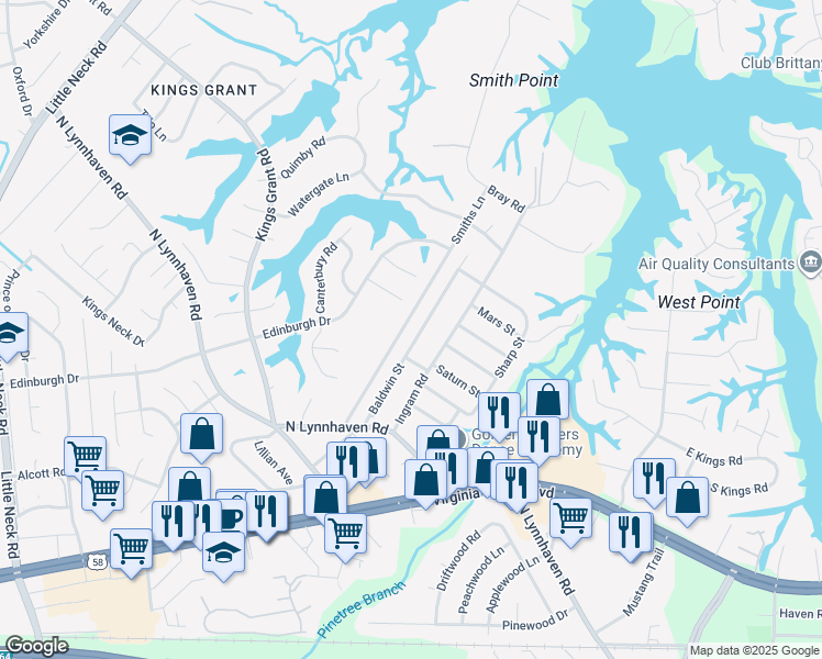 map of restaurants, bars, coffee shops, grocery stores, and more near 465 Baldwin Street in Virginia Beach