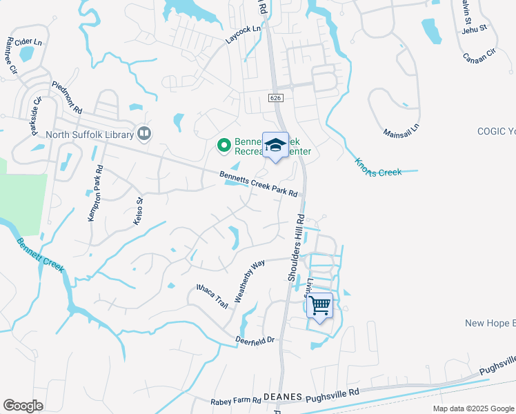 map of restaurants, bars, coffee shops, grocery stores, and more near 3605 Martingale Court in Suffolk