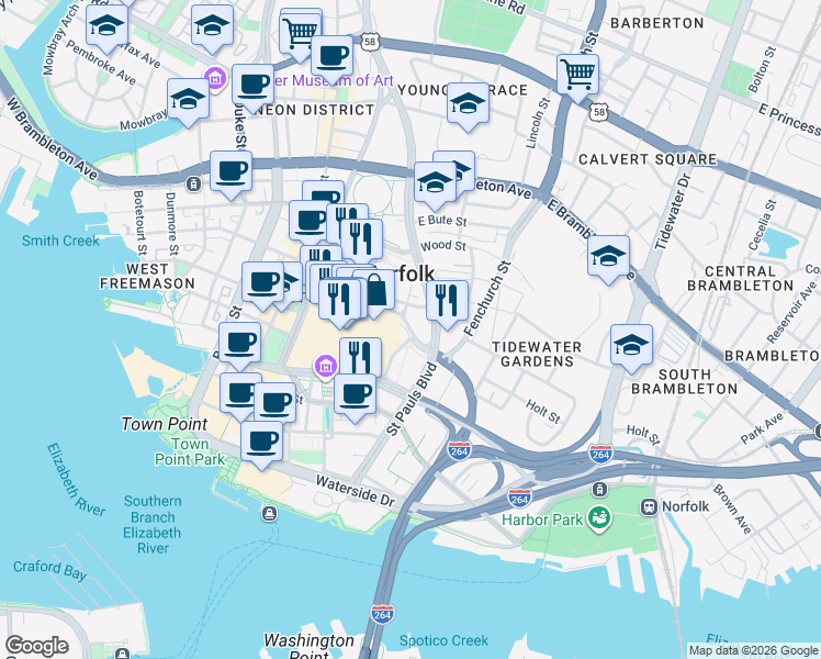 map of restaurants, bars, coffee shops, grocery stores, and more near 554 Market Street in Norfolk