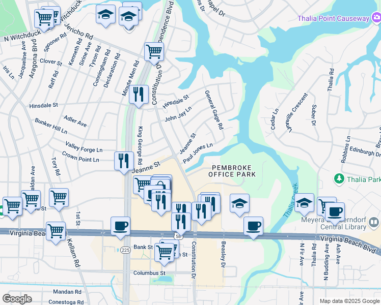 map of restaurants, bars, coffee shops, grocery stores, and more near 4444 Paul Jones Lane in Virginia Beach