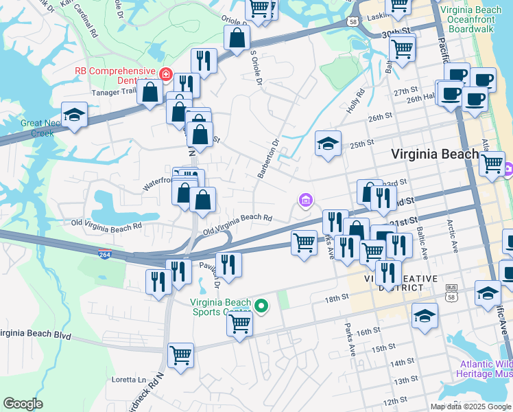 map of restaurants, bars, coffee shops, grocery stores, and more near 504 Barberton Drive in Virginia Beach