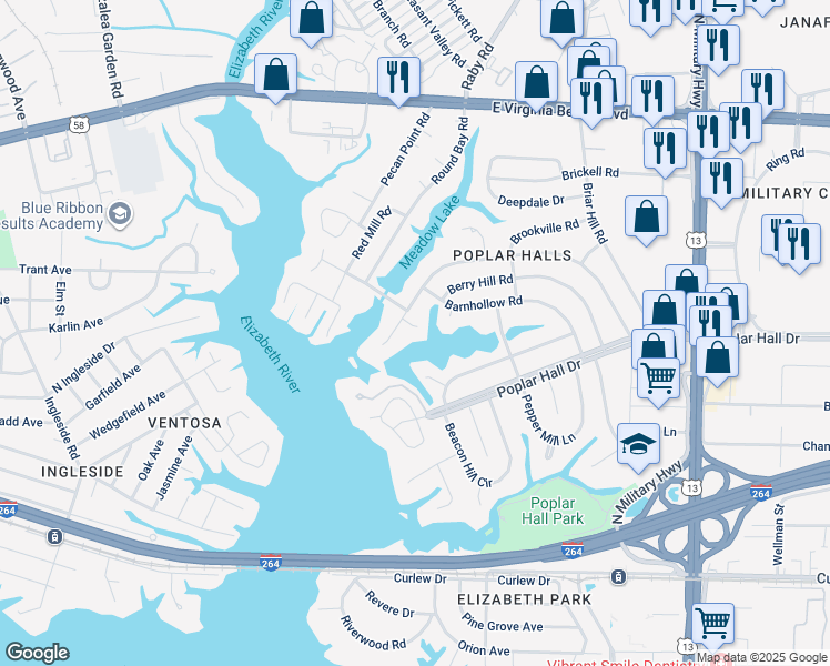 map of restaurants, bars, coffee shops, grocery stores, and more near 5425 Lake Ridge Circle in Norfolk