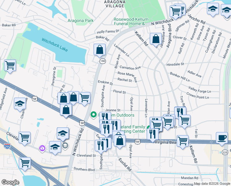 map of restaurants, bars, coffee shops, grocery stores, and more near 433 Dorset Avenue in Virginia Beach