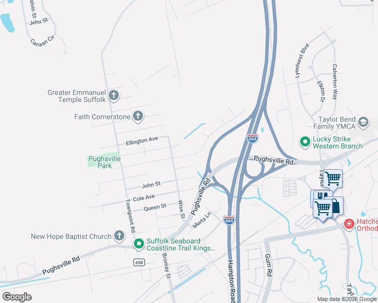 map of restaurants, bars, coffee shops, grocery stores, and more near 5000 Clifton Street in Chesapeake