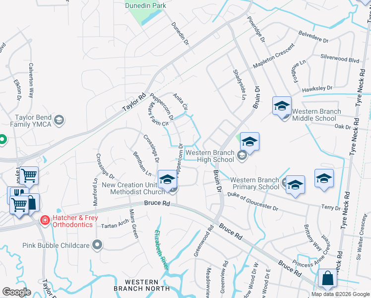 map of restaurants, bars, coffee shops, grocery stores, and more near 3534 Sugar Run in Chesapeake