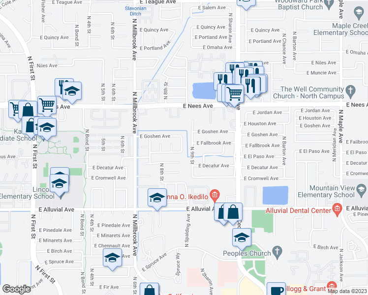 map of restaurants, bars, coffee shops, grocery stores, and more near 7748 North Spalding Avenue in Fresno