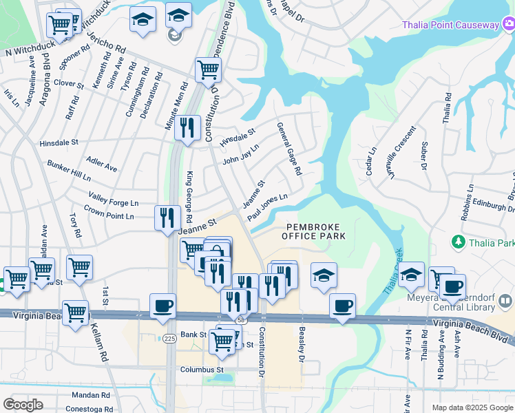 map of restaurants, bars, coffee shops, grocery stores, and more near 4444 Paul Jones Lane in Virginia Beach