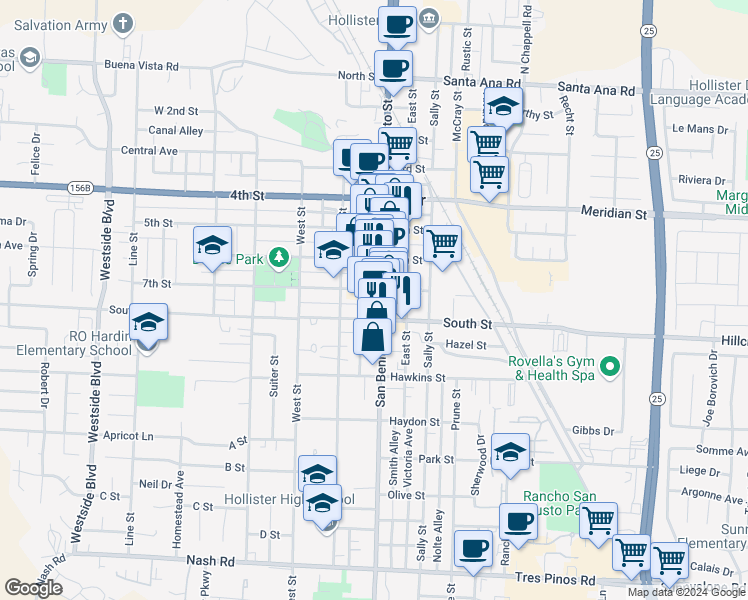 map of restaurants, bars, coffee shops, grocery stores, and more near 722 San Benito Street in Hollister