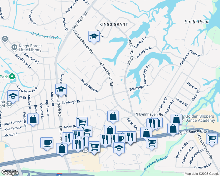 map of restaurants, bars, coffee shops, grocery stores, and more near 487 North Lynnhaven Road in Virginia Beach