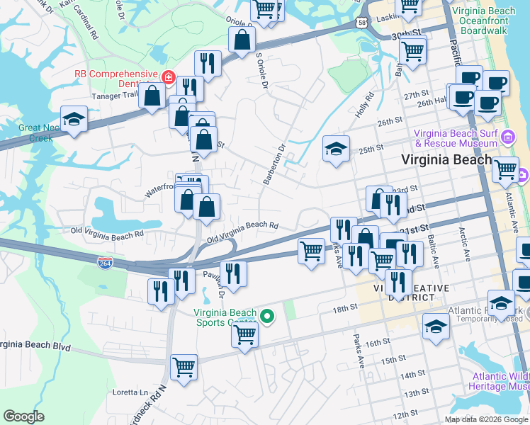 map of restaurants, bars, coffee shops, grocery stores, and more near 504 Barberton Drive in Virginia Beach