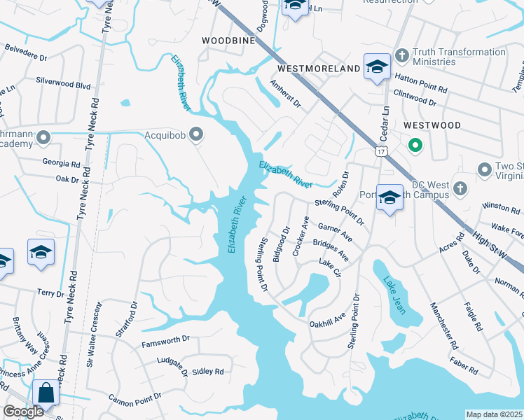 map of restaurants, bars, coffee shops, grocery stores, and more near 2320 Sterling Point Dr in Portsmouth