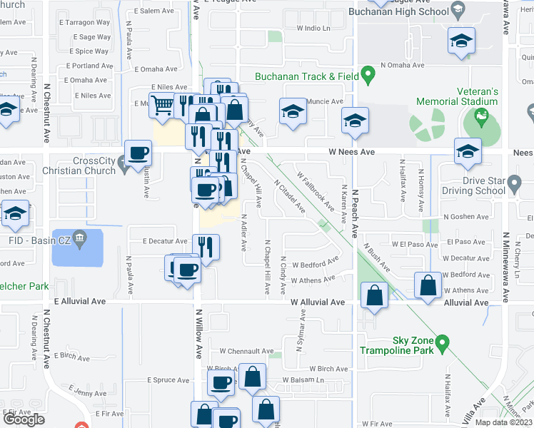 map of restaurants, bars, coffee shops, grocery stores, and more near 621 West El Paso Avenue in Clovis