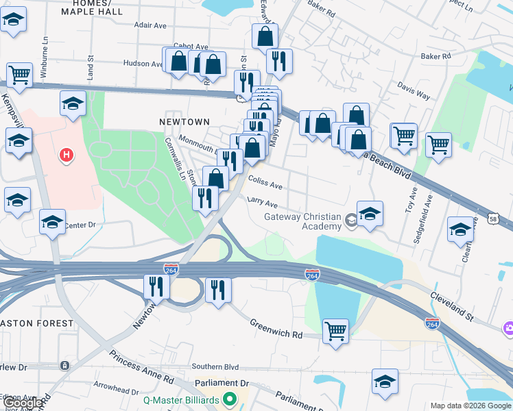 map of restaurants, bars, coffee shops, grocery stores, and more near 5613 Larry Avenue in Virginia Beach