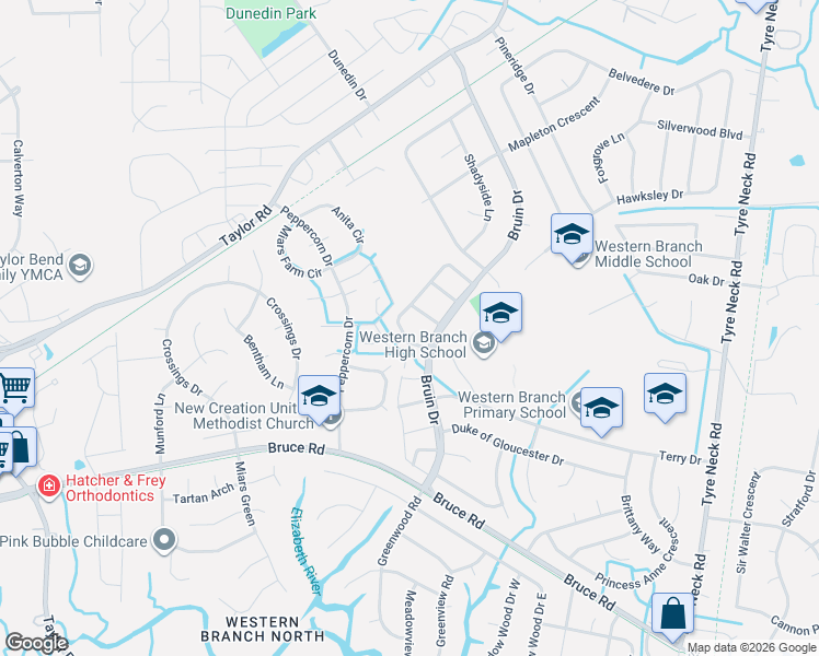 map of restaurants, bars, coffee shops, grocery stores, and more near 3105 Radcliffe Lane North in Chesapeake