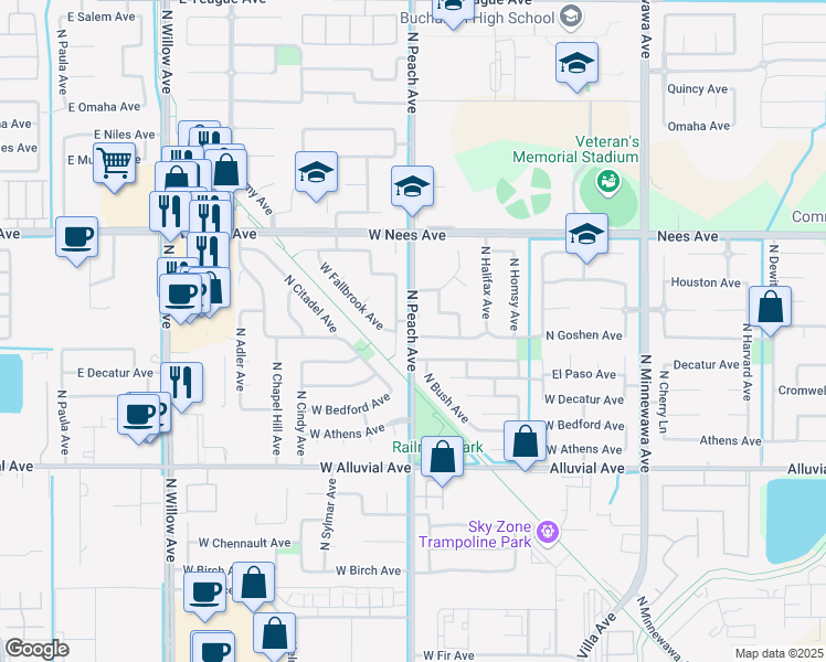 map of restaurants, bars, coffee shops, grocery stores, and more near 1315 North Peach Avenue in Clovis