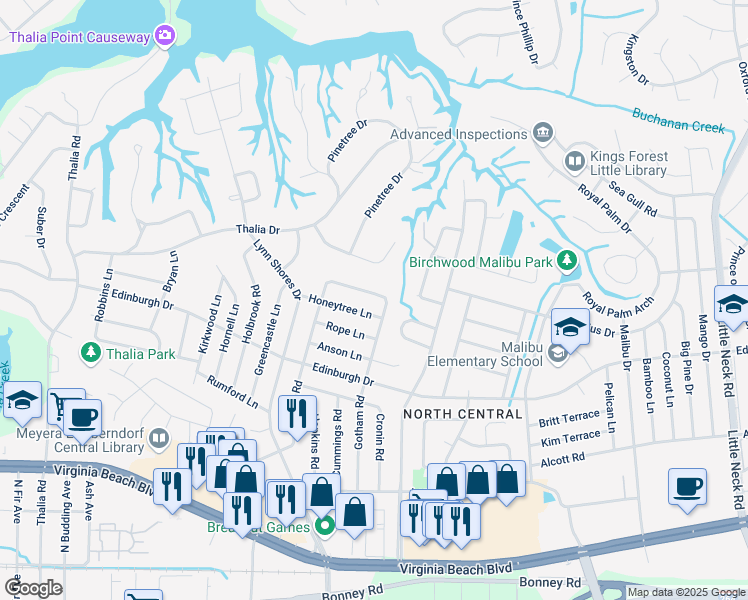 map of restaurants, bars, coffee shops, grocery stores, and more near 3809 Annie Lane in Virginia Beach