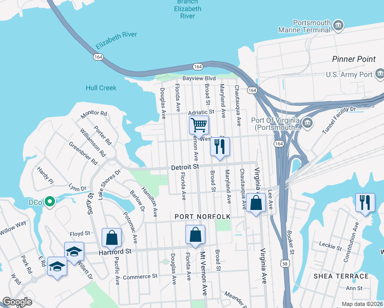 map of restaurants, bars, coffee shops, grocery stores, and more near 339 Mount Vernon Avenue in Portsmouth