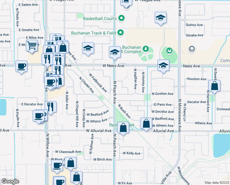 map of restaurants, bars, coffee shops, grocery stores, and more near 1315 North Peach Avenue in Clovis