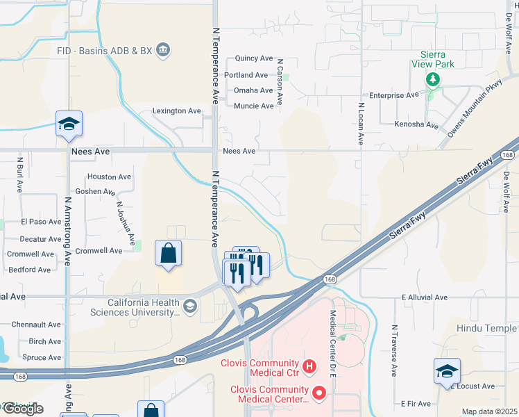 map of restaurants, bars, coffee shops, grocery stores, and more near 2720 Goshen Avenue in Clovis