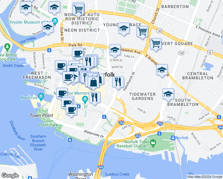 map of restaurants, bars, coffee shops, grocery stores, and more near 415 Saint Pauls Boulevard in Norfolk