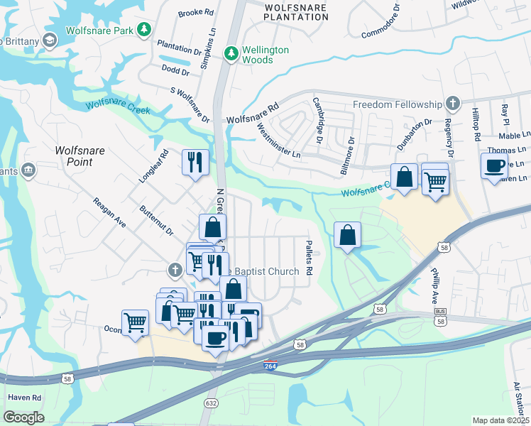 map of restaurants, bars, coffee shops, grocery stores, and more near 521 Cold Spring Road in Virginia Beach