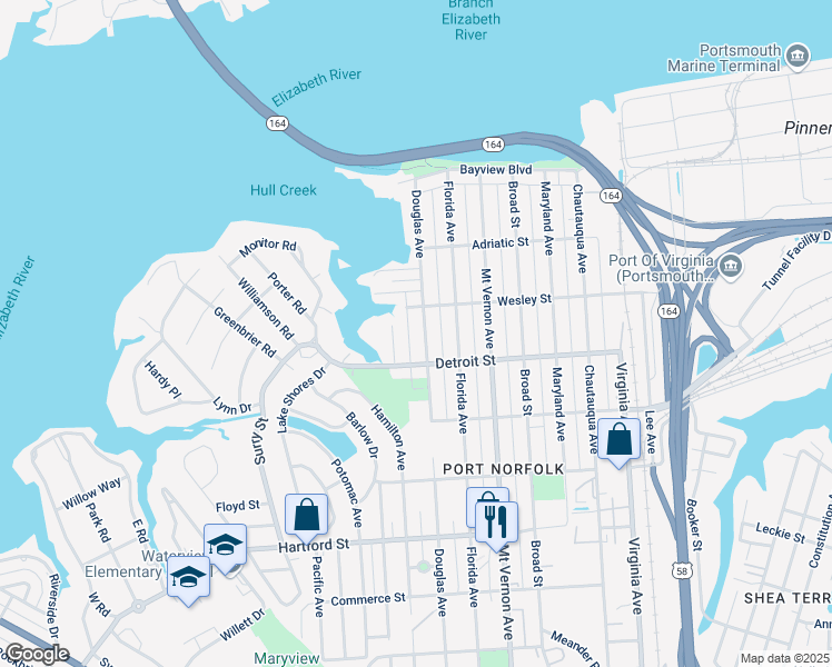 map of restaurants, bars, coffee shops, grocery stores, and more near 326 Douglas Avenue in Portsmouth