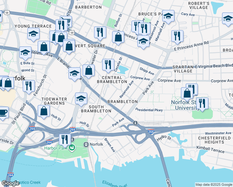 map of restaurants, bars, coffee shops, grocery stores, and more near 734 Maltby Avenue in Norfolk