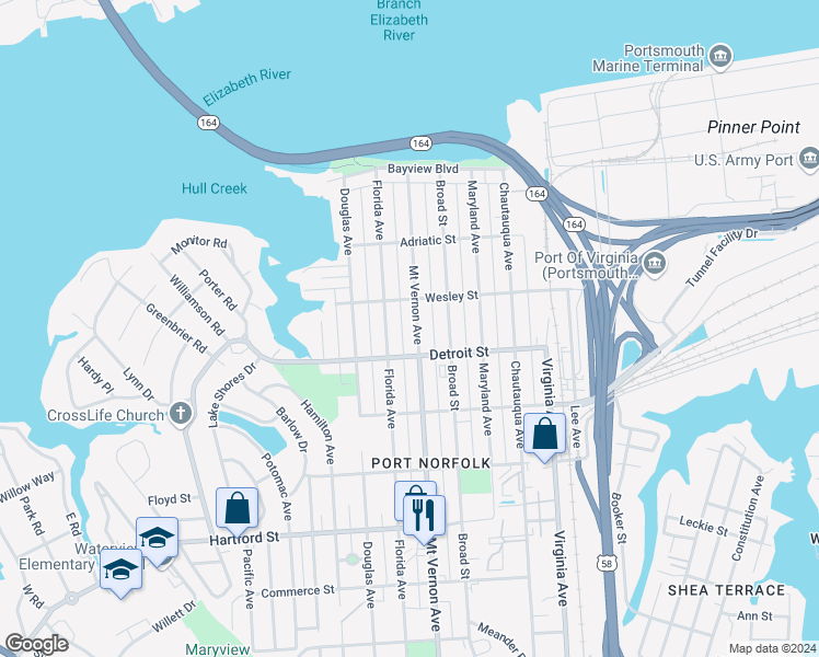 map of restaurants, bars, coffee shops, grocery stores, and more near 332 Mount Vernon Avenue in Portsmouth