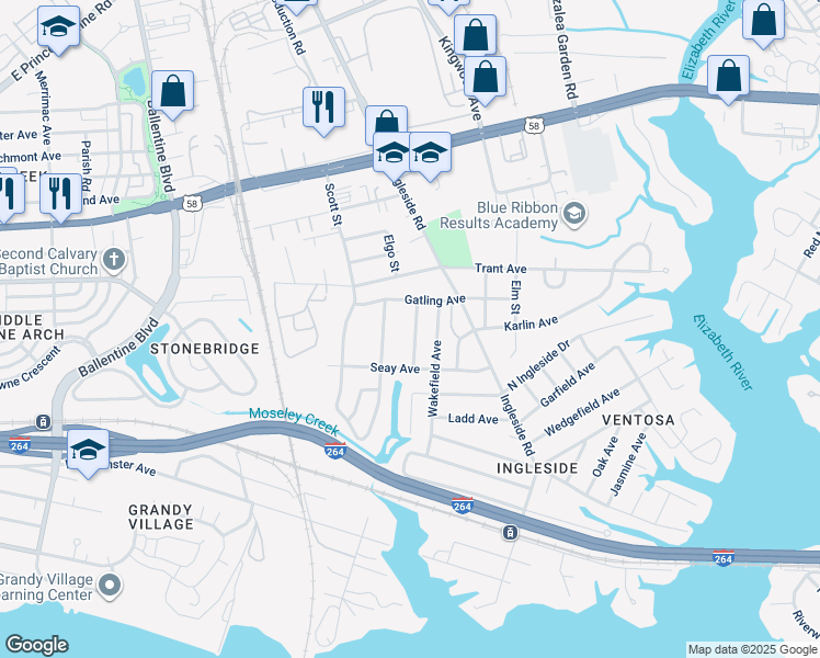 map of restaurants, bars, coffee shops, grocery stores, and more near 925 Dogwood Terrace in Norfolk